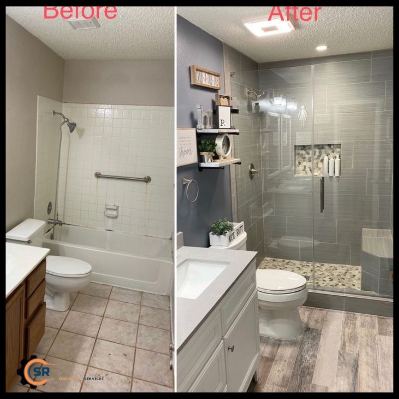 Homeowner inspecting newly renovated bathroom with updated fixtures and tiles