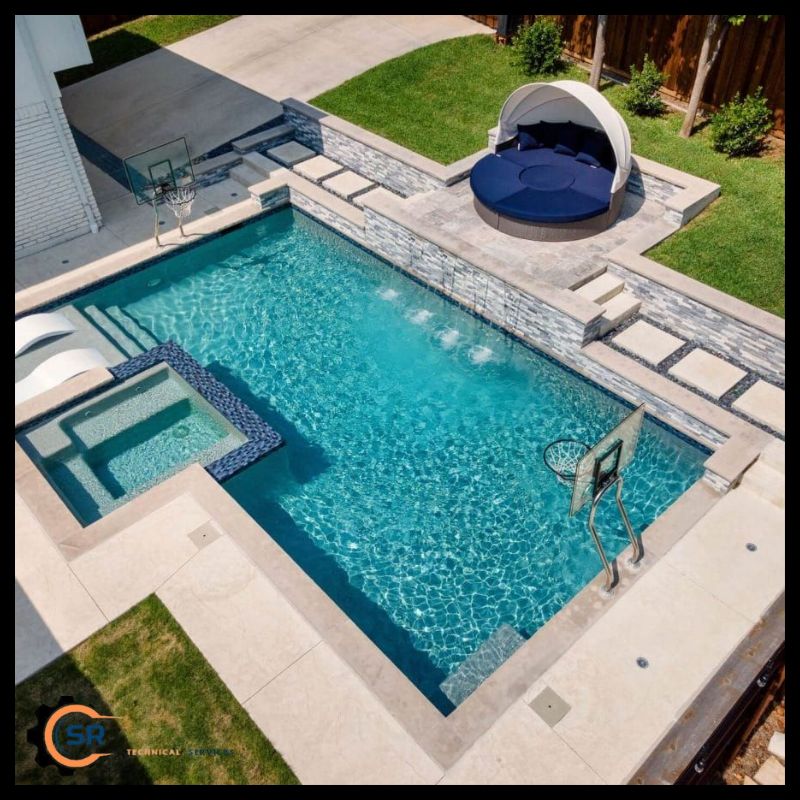Workers repairing damaged tiles on a residential pool