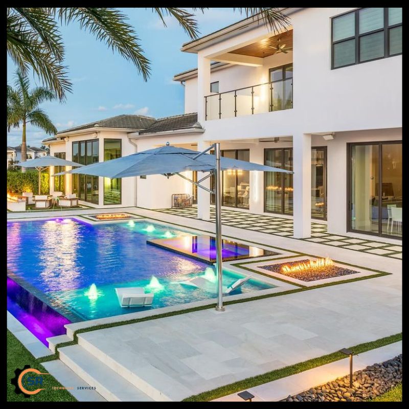 Before and after comparison of a renovated backyard pool